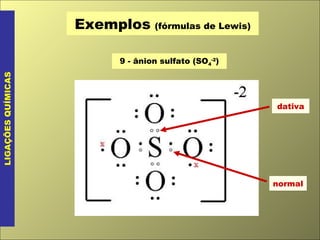 Exemplos   (fórmulas de Lewis) LIGAÇÕES QUÍMICAS 9 - ânion sulfato (SO 4 -2 ) dativa normal 