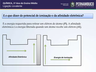 E o que dizer do potencial de ionização e da afinidade eletrônica?
É a energia requerida para retirar um elétron do átomo (PI). A afinidade
eletrônica é a energia liberada quando um átomo recebe um elétron (AE).
QUÍMICA, 1º Ano do Ensino Médio
Ligação covalente
Afinidade Eletrônica Energia de ionização
 