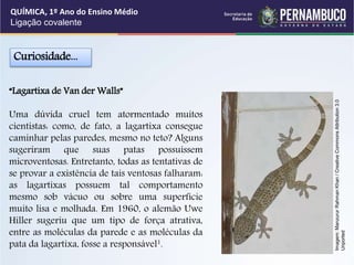 “Lagartixa de Van der Walls”
Uma dúvida cruel tem atormentado muitos
cientistas: como, de fato, a lagartixa consegue
caminhar pelas paredes, mesmo no teto? Alguns
sugeriram que suas patas possuíssem
microventosas. Entretanto, todas as tentativas de
se provar a existência de tais ventosas falharam:
as lagartixas possuem tal comportamento
mesmo sob vácuo ou sobre uma superfície
muito lisa e molhada. Em 1960, o alemão Uwe
Hiller sugeriu que um tipo de força atrativa,
entre as moléculas da parede e as moléculas da
pata da lagartixa, fosse a responsável1.
Curiosidade...
QUÍMICA, 1º Ano do Ensino Médio
Ligação covalente
Imagem:
Manzurur
Rahman
Khan
/
Creative
Commons
Attribution
3.0
Unported
 
