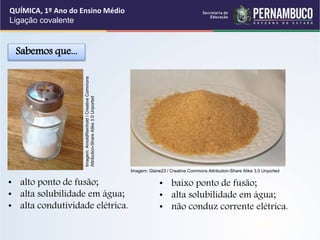 Sabemos que...
• alto ponto de fusão;
• alta solubilidade em água;
• alta condutividade elétrica.
• baixo ponto de fusão;
• alta solubilidade em água;
• não conduz corrente elétrica.
QUÍMICA, 1º Ano do Ensino Médio
Ligação covalente
Imagem:
ArnoldReinhold
/
Creative
Commons
Attribution-Share
Alike
3.0
Unported
Imagem: Glane23 / Creative Commons Attribution-Share Alike 3.0 Unported
 