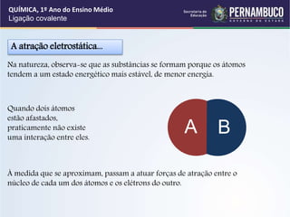 Na natureza, observa-se que as substâncias se formam porque os átomos
tendem a um estado energético mais estável, de menor energia.
Quando dois átomos
estão afastados,
praticamente não existe
uma interação entre eles.
A atração eletrostática...
À medida que se aproximam, passam a atuar forças de atração entre o
núcleo de cada um dos átomos e os elétrons do outro.
QUÍMICA, 1º Ano do Ensino Médio
Ligação covalente
A B
 