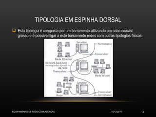 TIPOLOGIA EM ESPINHA DORSAL Esta tipologia é composta por um barramento utilizando um cabo coaxial grosso e é possível ligar a este barramento redes com outras tipologias físicas. 15/12/2010 EQUIPAMENTO DE REDE/COMUNICAÇAO 