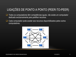 LIGAÇÕES DE PONTO A PONTO (PEER-TO-PEER) Todos os computadores têm competências iguais, não existe um computador dedicado exclusivamente para partilhar recursos. Cada computador pode aceder aos recursos disponibilizados pelos outros computadores. 15/12/2010 EQUIPAMENTO DE REDE/COMUNICAÇAO 