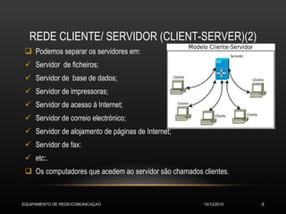 REDE CLIENTE/ SERVIDOR (CLIENT-SERVER)(2) Podemos separar os servidores em: Servidor  de ficheiros; Servidor de  base de dados; Servidor de impressoras; Servidor de acesso á Internet; Servidor de correio electrónico; Servidor de alojamento de páginas de Internet; Servidor de fax: etc:.  Os computadores que acedem ao servidor são chamados clientes. 15/12/2010 EQUIPAMENTO DE REDE/COMUNICAÇAO 