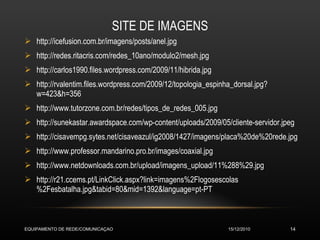 SITE DE IMAGENS http://icefusion.com.br/imagens/posts/anel.jpg http://redes.ritacris.com/redes_10ano/modulo2/mesh.jpg http://carlos1990.files.wordpress.com/2009/11/hibrida.jpg http://rvalentim.files.wordpress.com/2009/12/topologia_espinha_dorsal.jpg?w=423&h=356 http://www.tutorzone.com.br/redes/tipos_de_redes_005.jpg http://sunekastar.awardspace.com/wp-content/uploads/2009/05/cliente-servidor.jpeg http://cisavempg.sytes.net/cisaveazul/ig2008/1427/imagens/placa%20de%20rede.jpg http://www.professor.mandarino.pro.br/images/coaxial.jpg http://www.netdownloads.com.br/upload/imagens_upload/11%288%29.jpg http://r21.ccems.pt/LinkClick.aspx?link=imagens%2Flogosescolas%2Fesbatalha.jpg&tabid=80&mid=1392&language=pt-PT 15/12/2010 EQUIPAMENTO DE REDE/COMUNICAÇAO 