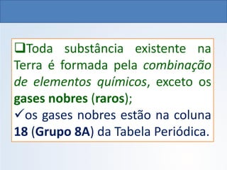 ❑Toda substância existente na
Terra é formada pela combinação
de elementos químicos, exceto os
gases nobres (raros);
✓os gases nobres estão na coluna
18 (Grupo 8A) da Tabela Periódica.
QUÍMICA, 1º Ano do Ensino Médio
Ligações Iônicas
 