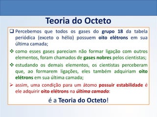 Teoria do Octeto
❑ Percebemos que todos os gases do grupo 18 da tabela
periódica (exceto o hélio) possuem oito elétrons em sua
última camada;
❖ como esses gases pareciam não formar ligação com outros
elementos, foram chamados de gases nobres pelos cientistas;
❖ estudando os demais elementos, os cientistas perceberam
que, ao formarem ligações, eles também adquiriam oito
elétrons em sua última camada;
➢ assim, uma condição para um átomo possuir estabilidade é
ele adquirir oito elétrons na última camada:
é a Teoria do Octeto!
QUÍMICA, 1º Ano do Ensino Médio
Ligações Iônicas
 