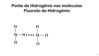 Ponte de Hidrogênio nas moléculas
Fluoreto de Hidrogênio
17
N H
H
H
N
H
H
H
 