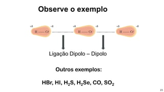 Observe o exemplo
23
Ligação Dipolo – Dipolo
Outros exemplos:
HBr, HI, H2S, H2Se, CO, SO2
 