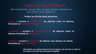 Podem ser de três tipos diferentes:
•Iônica – envolve a transferência de elétrons entre os átomos,
formando os compostos iônicos
•Covalente – envolve o compartilhamento de elétrons entre os
átomos, formando as moléculas
•Metálica – envolve a dispersão de elétrons dos átomos de metais,
formando as ligas metálicas
Vale lembrar que independente do tipo da ligação, são somente os elétrons
de valência do átomo que participam da ligação
 
