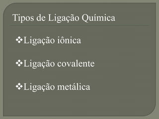 Tipos de Ligação Química
Ligação iônica
Ligação covalente
Ligação metálica
 