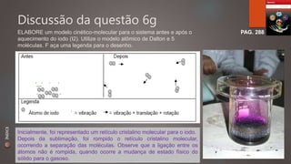 Discussão da questão 6g 
ELABORE um modelo cinético-molecular para o sistema antes e após o PAG. 288 
aquecimento do iodo (I2). Utilize o modelo atômico de Dalton e 5 
moléculas. F aça uma legenda para o desenho. 
Inicialmente, foi representado um retículo cristalino molecular para o iodo. 
Depois da sublimação, foi rompido o retículo cristalino molecular, 
ocorrendo a separação das moléculas. Observe que a ligação entre os 
átomos não é rompida, quando ocorre a mudança de estado físico do 
sólido para o gasoso. 
ÍNDICE 
 