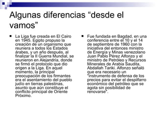 Algunas diferencias “desde el vamos” La Liga fue creada en El Cairo en 1945. Egipto propuso la creación de un organismo que reuniera a todos los Estados árabes, y un año después, al finalizar la II Guerra Mundial, se reunieron en Alejandría, donde se firmó el protocolo que dio origen a la Liga. En aquel momento, la principal preocupación de los firmantes era el asentamiento del pueblo judío en tierras palestinas, asunto que aún constituye el conflicto principal de Oriente Próximo.  Fue fundada en Bagdad, en una conferencia entre el 10 y el 14 de septiembre de 1960 con la iniciativa del entonces ministro de Energía y Minas venezolano Juan Pablo Pérez Alfonzo y el ministro de Petróleo y Recursos Minerales de Arabia Saudita, Abdallah Tariki. Alfonzo señaló que era necesario un "instrumento de defensa de los precios para evitar el despilfarro económico del petróleo que se agota sin posibilidad de renovarse".   