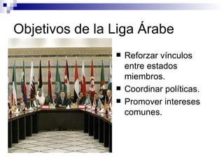 Objetivos de la Liga Árabe Reforzar vínculos entre estados miembros. Coordinar políticas. Promover intereses comunes. 