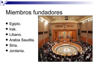 Miembros fundadores Egipto. Irak. Líbano. Arabia Saudita. Siria. Jordania.   