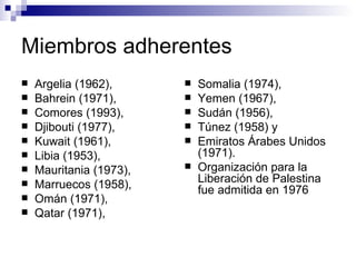 Miembros adherentes Argelia (1962),  Bahrein (1971),  Comores (1993),  Djibouti (1977),  Kuwait (1961),  Libia (1953),  Mauritania (1973),  Marruecos (1958), Omán (1971),  Qatar (1971),  Somalia (1974),  Yemen (1967),  Sudán (1956),  Túnez (1958) y  Emiratos Árabes Unidos (1971).  Organización para la Liberación de Palestina fue admitida en 1976   