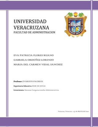 402526533655<br />UNIVERSIDAD VERACRUZANA<br />FACULTAD DE ADMINISTRACION<br />EVA PATRICIA FLORES RUANO<br />GABRIELA ORDOÑEZ LORENZO<br />MARIA DEL CARMEN VIDAL SANCHEZ<br />Profesor: EVARISTO PACHECO<br />Experiencia Educativa: BASE DE DAT0S.<br />Licenciatura: Sistemas Computacionales Administrativos.<br />Veracruz, Veracruz  a 31 de MAYO del 2010<br />-466725730250-5543554531360TABLAS NFL<br />-466725686435TABLAS MLB<br />-4635504503420<br />-407035774700TABLAS NBA<br />-4114804130040<br />INTRODUCCION<br />En este trabajo nosotras mostraremos atreves de los códigos ya estudiados y aprendidos anteriormente en los capítulos 1 y 2, las ventanas en donde aparezcan los nombres de los jugadores, posición, salario y equipo al que pertenecen, es decir NBA (basquetbol), NLF (fútbol)  Y MLB (beisbol), en forma de tablas, las cuales serán hechas en una hoja de cálculo (Excel)  para su fácil entendimiento y para que se desplieguen de mejor forma en el programa ORACLE.<br />Ahora bien ya teniendo las tablas de cada uno de los equipos con la ayuda de otro código mostraremos cual es el salario mínimo y máximo en cada uno de los equipos anteriormente mencionados, saliendo asa en la pantalla del programa ORACLE la tablita que nos muestre el salario mínimo y máximo.<br />El objetivo de este trabajo es poner en práctica cada uno de los conceptos estudiados en los capítulos que hemos visto en clases y tener un mejor conocimiento de cada uno de ellos, para así saber con mayor facilidad que actividad realiza cada uno de esos códigos.<br />CONCLUCION<br />Como vimos para cada equipo tuvimos que importar una hoja de Excel a ORACLE, la cual contenía los datos de cada uno de los equipos, como es el nombre de jugador, su posición, su salario y sobre todo el equipo al que pertenecía, dependiendo la categoría del equipo si era la NBA, NFL o MLB.<br />Posteriormente en ORACLE empezamos a meter el código para hacer las consultas que el maestro nos pidió, las cuales eran:<br />*mostrar las tablas completas de los equipos anteriormente mencionados<br />*y mostrar los salarios mínimo y máximo en cada uno de los equipos  <br />Cumpliendo así nosotras como equipo con el objetivo que el maestro nos pidió.<br />Mostrando en este trabajo con pantallas impresas del programa cada uno de los datos anteriormente mencionados.<br />Podemos concluir que con este trabajo tenemos más claro los conceptos de cada uno de los códigos utilizados para hacer las consultas necesarias en esta actividad, pues los pusimos a práctica la cual es muy eficiente para aprender más.<br />Tuvimos uno que otros errores al ejecutar cada una de las consultas, pero no tan difíciles ya que si los pudimos solucionar y así hacer que nuestra consulta saliera exitosa.<br />DICCIONARIO DE DATOS:<br />*TABLA NBA<br />SELECT * FROM NBA1;<br />SELECT MIN (“2009___2010_SALARY) Minimo,<br />MAX (“2009___2010_SALARY”) Maximo FROM NBA1;<br />*TABLA NLF<br />SELECT * FROM NFL1;<br />SELECT MIN (“SALARIO”) Minimo,<br />MAX (“SALARIO”) Maximo FROM NBA1;<br />*TABLA MLB<br />SELECT * FROM MLB1;<br />SELECT MIN (“SALARIO”) Minimo,<br />MAX (“SALARIO”) Maximo FROM NBA1;<br />