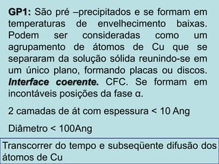 GP1: São pré –precipitados e se formam em
temperaturas de envelhecimento baixas.
Podem ser consideradas como um
agrupamento de átomos de Cu que se
separaram da solução sólida reunindo-se em
um único plano, formando placas ou discos.
Interface coerente. CFC. Se formam em
incontáveis posições da fase α.
2 camadas de át com espessura < 10 Ang
Diâmetro < 100Ang
Transcorrer do tempo e subseqüente difusão dos
átomos de Cu
 