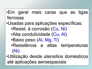 •Em geral mais caras que as ligas
ferrosas
•Usadas para aplicações específicas:
•Resist. à corrosão (Cu, Ni)
•Alta condutividade (Cu, Al)
•Baixo peso (Al, Mg, Ti)
•Resistência a altas temperaturas
(Ni)
•Utilização desde utensílios domésticos
até aplicações aeroespaciais
 