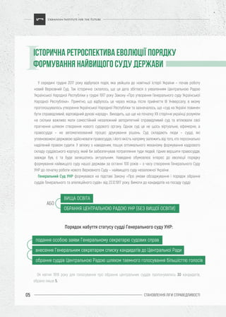 СТАНОВЛЕННЯ ЛІГИ CПРАВЕДЛИВОСТІ05
ІСТОРИЧНА РЕТРОСПЕКТИВА ЕВОЛЮЦІЇ ПОРЯДКУ
ФОРМУВАННЯ НАЙВИЩОГО СУДУ ДЕРЖАВИ
У середині грудня 2017 року відбулася подія, яка увійшла до новітньої історії України – почав роботу
новий Верховний Суд. Так історично склалось, що ця дата збіглася з ухваленням Центральною Радою
Української Народної Республіки у грудні 1917 року Закону «Про утворення Генерального суду Української
Народної Республіки». Примітно, що відбулось це через місяць після прийняття ІІІ Універсалу, в якому
проголошувалось утворення Української Народної Республіки та зазначалось, що «суд на Україні повинен
бути справедливий, відповідний духові народу». Виходить, що ще на початку ХХ сторіччя українці розуміли
на скільки важливо мати самостійний незалежний авторитетний справедливий суд та втілювали свої
прагнення шляхом створення нового судового органу. Однак суд це не щось віртуальне, ефемерне, а
правосуддя – не автоматизований процес друкування рішень. Суд складають люди – судді, які
уповноважені державою здійснювати правосуддя, і його якість напряму залежить від того, хто персонально
наділений правом судити. У зв’язку з наведеним, пошук оптимального механізму формування кадрового
складу суддівського корпусу, який би забезпечував потрапляння туди людей, гідних вершити правосуддя,
завжди був, є та буде залишатись актуальним. Наведене обумовлює інтерес до еволюції порядку
формування найвищого суду нашої держави за останні 100 років – з часу створення Генерального Суду
УНР до початку роботи нового Верховного Суду – найвищого суду незалежної України.
Генеральний Суд УНР формувався на підставі Закону «Про умови обсаджування і порядок обрання
суддів Генерального та апеляційного судів» від 23.12.1917 року. Вимоги до кандидатів на посаду судді:
04 квітня 1918 року для голосування про обрання центральних суддів пропонувалось 30 кандидатів,
обрано лише 5.
Порядок набуття статусу судді Генерального суду УНР:
I
подання особою заяви Генеральному секретарю судових справ
внесення Генеральним секретарем списку кандидатів до Центральної Ради
обрання суддів Центральною Радою шляхом таемного голосування більшісттю голосів
ВИЩА ОСВІТА
ОБРАННЯ ЦЕНТРАЛЬНОЮ РАДОЮ УНР (БЕЗ ВИЩОЇ ОСВІТИ)
АБО
 