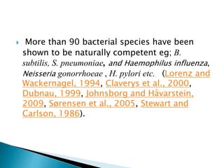  More than 90 bacterial species have been
shown to be naturally competent eg; B.
subtilis, S. pneumoniae, and Haemophilus influenza,
Neisseria gonorrhoeae , H. pylori etc. (Lorenz and
Wackernagel, 1994, Claverys et al., 2000,
Dubnau, 1999, Johnsborg and Håvarstein,
2009, Sørensen et al., 2005, Stewart and
Carlson, 1986).
 