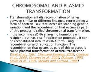  Transformation entails recombination of genes
between similar or different lineages, representing a
form of bacterial sex that increases standing genetic
variation, and the recombination that occurs as part
of this process is called chromosomal transformation.
 If the incoming ssDNA shares no homology with
recipient, but has a self-replication potential , it can
be reconstituted into its dsDNA form using
recombination and replication function. The
recombination that occurs as part of this process is
called plasmid transformation or viral transfection
(Viret et al., 1991, Chen and Dubnau, 2004, Claverys
et al., 2000, Claverys et al., 2009, Dubnau, 1999,
Smith et al., 1995, Stewart and Carlson, 1986).
 
