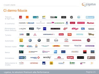 I nostri clienti

Ci danno fiducia
Telecom
& High-Tech
E-commerce
Alimentazione
Salute Bellezza
Turismo

Automobile

Decision maker

Banca

Immobiliare
Assicurazione &
Credito

Ligatus, le soluzioni Premium alla Performance

Pagina 21

 