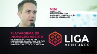 MIM
#JORNALISTA
#PRODUCT MANAGER
#ESPECIALISTA EM INOVAÇÃO
#HEAD DE ACELERAÇÃO
PLATAFORMA DE
INOVAÇÃO ABERTA
#ACELERADORA CORPORATIVA
#COMEÇAMOS NA ABRIL PLUG AND PLAY
#+10 CORPORAÇÕES | +5K STARTUPS
#PARCEIRO OFICIAL DA PLUG AND PLAY
 