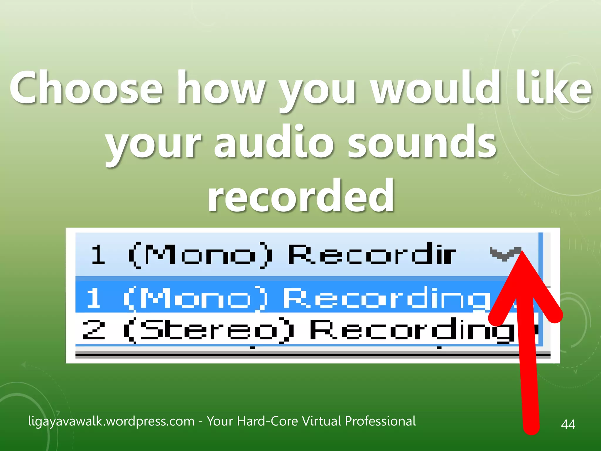 ligayavawalk.wordpress.com - Your Hard-Core Virtual Professional 44
Choose how you would like
your audio sounds
recorded
 