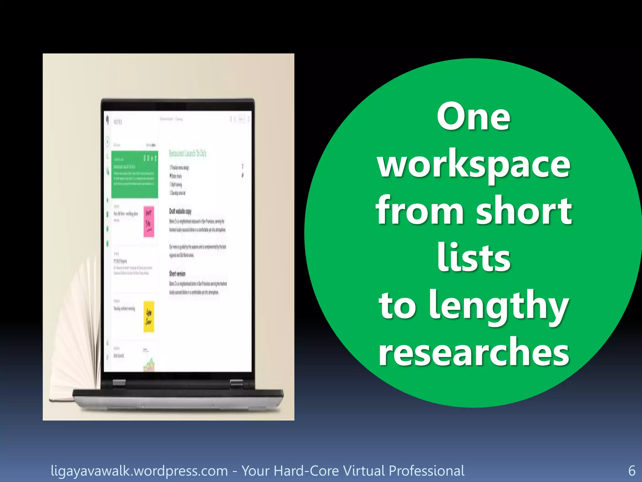 ligayavawalk.wordpress.com - Your Hard-Core Virtual Professional 6
One
workspace
from short
lists
to lengthy
researches
 