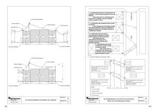 Ramal de ligação 
Poste Particular 
Poste da AES Eletropaulo 
Ramal de ligação 
Poste Particular 
Limite da Propriedade Limite da Propriedade 
Fachada Frontal 
Limite da Propriedade Limite da Propriedade 
02 
Desenho: 
Sequência: 
Trânsito Veículos 
(mín 6000) 
  
 
Entr. Veículos 
(mín 5000) 
Circ. Pedestres 
(mín. 4000) 
Entr. Veículos 
(mín 5000) 
Circ. Pedestres 
(mín. 4000) 
Ramal de ligação 
Entr. Veículos 
(mín 5000) 
Circ. Pedestres 
(mín. 4000) 
Poste da AES Eletropaulo 
Trânsito Veículos 
(mín 6000) 
Entr. Veículos 
(mín 5000) 
Circ. Pedestres 
(mín. 4000) 
  
 
Ramal de Ligação 
Fachada Frontal 
ALTURAS MÍNIMAS DO RAMAL DE LIGAÇÃO 
 1/1 
03 
 
 
 
 - Rede da Concessionária do lado oposto 
da via pública. 
- Edificação no limite de propriedade com 
a via pública. 
- Altura mín. RL.: 6,00 m. 
 
 
- Rede da Concessionária do lado oposto 
da via pública. 
- Edificação recuada do limite de proprie-dade 
Desenho: 
Sequência: 
1 - A edificação está junto ao alinhamento da 
calçada e o imóvel possui espaços livres nas 
laterais: 
- Usar poste junto ao alinhamento do 
imóvel com a calçada, caixa de medição 
junto ao poste ou muro. 
2 - A edificação está ocupando toda a frente 
do imóvel: 
- Ligar diretamente na fachada, quando 
tem altura suficiente. Caixa de medição na 
parede do imóvel ou com leitura interna ou 
voltada para calçada. 
3 - A edificação está recuada do 
alinhamento da calçada e o imóvel 
possui espaços livres nas laterais: 
- Usar poste junto ao 
alinhamento do imóvel com a 
calçada, caixa de medição junto 
ao poste ou muro. 
4 - Atendimento para duas 
residências, frente e fundo, 
no mesmo imóvel: 
- Usar poste junto ao 
alinhamento do imóvel com 
a calçada, caixa de medição 
junto ao poste ou muro. 
 
1 - O vão livre não deve ser superior a 30m. 
 - Rede da Concessionária do mesmo lado 
da via pública. 
- Edificação no limite de propriedade com 
a via pública. 
- Altura mín. RL.: 4,00 m. 
 
- Rede da Concessionária do mesmo lado 
da via pública. 
- Edificação recuada do limite de proprie-dade 
com a via pública. 
- Altura mín. RL.: 6,00 m. 
 
 
 
 
 
 
 
 
 
   
DETERMINAÇÃO DO PONTO DE ENTREGA 
REDE DE DISTRIBUIÇÃO AÉREA 
com via pública. 
- Altura mín. RL.: 4,00 m.  
 
LEGENDA 
PE : Ponto de Entrega 
RL : Ramal de Ligação 
: Poste da concessionária 
: Poste Particular 
 
  
232 233 
 