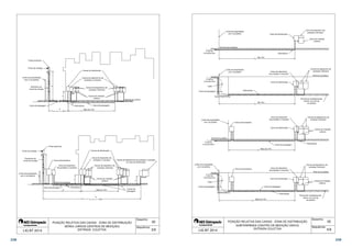 b 
c 
a + b + c  25m 
Caixas de distribuição 
Caixas de dispositivos de 
proteção e manobra 
Caixas de dispositivos de 
proteção individual 
Caixas de medição 
coletiva 
Eletrodutos Caixa de passagem 
Mais de 15m 
Caixas de distribuição 
Caixa de dispositivo de 
proteção e manobra 
Caixas de dispositivo de 
Caixas de medição 
coletiva 
Mais de 15m 
b 
proteção individual 
a + b + c  25m 
Caixa de dispositivo 
de proteção e manobra 
c 
Poste particular 
Caixa seccionadora 
Nível da via pública 
a 
Poste particular 
Ponto de entrega 
Limite da propriedade 
com a via pública 
Eletroduto do 
ramal de entrada 
Caixa de passagem 
a 
Caixa de passagem Eletrodutos 
b 
Caixas de dispositivos de proteção e manobra 
05 
Nível da via pública 
ou caixa de distribuição 
c 
Desenho: 
Sequência: 
Caixas de 
passagem 
POSIÇÃO RELATIVA DAS CAIXAS - ZONA DE DISTRIBUIÇÃO 
AÉREA (VÁRIOS CENTROS DE MEDIÇÃO) 
Ponto de entrega 
Eletroduto do 
ramal de entrada 
Limite da propriedade 
com a via pública 
LIG BT 2014 ENTRADA COLETIVA 
3/9 
com via pública Caixa de distribuição 
Eletrodutos 
Caixa de dispositivo 
de proteção e manobra 
Caixa de distribuição 
Caixa de dispositivo 
de proteção e manobra 
Caixa de distribuição 
Até 15m 
Até 15m 
Mais de 15m 
Caixa de passagem 
Caixa de dispositivo 
de proteção e manobra 
Caixa de distribuição 
Caixa de passagem 
Eletrodutos 
Caixa de dispositivo de 
proteção individual 
Caixa de medição 
coletiva 
Caixas de dispositivo de 
proteção individual 
Nível da via pública 
Pavimento imediatamente 
inferior ao nível da 
via pública 
Caixas de dispositivos de 
proteção individual 
Caixas de medição 
Eletrodutos 
coletiva 
Caixas de dispositivos de 
proteção individual 
Nível da via pública 
Caixas de medição 
05 
coletiva 
Pavimento imediatamente 
inferior ao nível da 
via pública 
Desenho: 
Sequência: 
Limite de propriedade 
Nível do piso acabado 
Limite de propriedade 
com via pública 
Caixa de passagem Eletrodutos 
Caixa seccionadora 
Caixa seccionadora 
Mais de 15m 
POSIÇÃO RELATIVA DAS CAIXAS - ZONA DE DISTRIBUIÇÃO 
SUBTERRÂNEA (CENTRO DE MEDIÇÃO ÚNICO) 
ENTRADA COLETIVA 
À rede da 
Concessionária 
À rede da 
Concessionária 
Cabo 
Limite de propriedade 
com via pública 
Nível da via pública 
À rede da 
Concessionária 
Limite de propriedade 
com via pública 
À rede da 
Concessionária 
Cabo 
Caixa de passagem 
LIG BT 2014 4/9 
238 239 
 