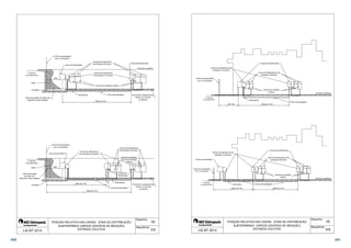 Caixas de dispositivos 
de proteção individual Caixa de distribuição 
Nível da via pública 
Caixa de distribuição 
Caixas de dispositivos 
de proteção e manobra 
Caixas de medição coletiva 
Eletrodutos Caixa de passagem Pavimento imediatamente 
inferior ao nível da 
Caixas de dispositivos 
de proteção individual 
Nível da via pública 
Caixas de medição 
coletiva 
via pública 
Pavimento imediatamente 
05 
inferior ao nível da 
via pública 
Desenho: 
Sequência: 
Limite de propriedade 
com a via pública 
1000 
Limite de propriedade 
com a via pública 
Tela de proteção do cabo com 
Caixa seccionadora 
1000 
Caixas de 
distribuição 
Eletrodutos 
Caixas de passagem 
Mais de 15m 
Caixas de dispositivos 
de proteção e manobra 
Mais de 15m 
Mais de 15m 
POSIÇÃO RELATIVA DAS CAIXAS - ZONA DE DISTRIBUIÇÃO 
SUBTERRÂNEA (VÁRIOS CENTROS DE MEDIÇÃO) 
ENTRADA COLETIVA 
À rede da 
Concessionária 
Cabo 
Canaleta 
dispositivo para selagem 
À rede da 
Concessionária 
Cabo 
Tela de proteção 
do cabo com 
dispositivo para selagem 
Canaleta 
LIG BT 2014 5/9 
Caixas de distribuição 
Caixas de dispositivos de 
Eletrodutos 
proteção individual 
Caixas de medição 
coletiva 
Caixas de dispositivos de 
proteção e manobra 
Até 15m Mais de 15m 
Caixas de distribuição 
Caixas de dispositivos de 
proteção individual 
Limite de propriedade 
com a via pública 
Caixas de dispositivos de 
Eletroduto Caixas de passagem 
Caixa de passagem 
Caixas de medição 
coletiva 
Mais de 15m Mais de 15m 
Nível da via pública 
Nível da via pública 
05 
Desenho: 
Sequência: 
proteção e manobra 
POSIÇÃO RELATIVA DAS CAIXAS - ZONA DE DISTRIBUIÇÃO 
SUBTERRÂNEA (VÁRIOS CENTROS DE MEDIÇÃO) 
ENTRADA COLETIVA 
Á rede da 
Concessionária 
Caixa seccionadora 
Limite de propriedade 
com a via pública 
Á rede da 
Concessionária 
LIG BT 2014 6/9 
240 241 
 
