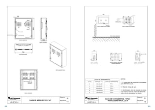 30 
VISTA ISOMÉTRICA 
Desenho: 
Sequência: 
210 
VISEIRA 
PUXADOR 
30 
170 
LACRE INTERNO 
DOBRADIÇA 
VISTA FRONTAL 
750 
VISTA SUPERIOR 
TRILHO HORIZONTAL 
PLACA DOS 
MEDIDORES 
250 
VISTA LATERAL 
VISTA INTERNA 
900 
CAIXA DE MEDIÇÃO TIPO A4 
LACRE EXTERNO 
LIG BT 2014 1/1 
DISPOSITIVO DE 
SELAGEM TUBETE 
LACRE 
PLACA DE 
POLICARBONATO 
N 
250 
T 
S 
R 
DETALHE DO TERMINAL 
DE ATERRAMENTO C/ PARAFUSO 
ATARRACHANTE DE 16x6mm 
400 
Mínimo 200 mm variando 
conforme tipo de caixa 
600 
TERMINAIS DE 
COMPRESSÃO 
ISOLADORES 
VISTA FRONTAL EXTERNA VISTA FRONTAL INTERNA 
Nível de piso acabado 
Neutro 
Fase T 
Fase S 
Fase R 
VISTA FRONTAL INTERNA 
100 
250 
125 
4 
3 
2 
VISTA LATERAL CORTE LATERAL 
1 - A caixa deve ter prototótipo homologado 
pela AES Eletropaulo; 
3 - Identificação: deve ter gravado na tampa 
e no corpo o nome ou marca do fabricante, 
mês e ano de fabricação; em relevo. 
31 
Desenho: 
Sequência: 
CAIXA DE BARRAMENTO 
PORTAS ABERTAS 
CAIXAS DE BARRAMENTOS 
TIPO A 
TIPO A 
TIPO A 
TIPO B 
TIPO B 
NOTAS: 
2 - Material: chapa de aço; 
CAIXA DE BARRAMENTOS - TIPO A 
PARA CAIXAS TIPO K, L E H 
CAIXAS DIMENSÃO (mm) 
K 600x400x250 
L 600x400x250 
H 600x400x250 
M 1.200x400x250 
N 1.200x400x250 
LIG BT 2014 1/2 
272 273 
 