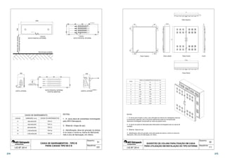 DISPOSITIVO DE 
SELAGEM TUBETE 
LACRE 
1200 
TERMINAIS DE 
COMPRESSÃO 
ISOLADORES 
VISTA FRONTAL EXTERNA VISTA FRONTAL INTERNA 
DETALHE DO TERMINAL 
DE ATERRAMENTO C/ PARAFUSO 
ATARRACHANTE DE 16x6mm 
Nível de piso acabado 
Neutro 
Fase T 
Fase S 
Fase R 
VISTA FRONTAL INTERNA 
PORTAS ABERTAS 
PLACA DE 
POLICARBONATO 
N 
250 
T 
S 
R 
CORTE LATERAL 
1 - A caixa deve ter prototótipo homologado 
pela AES Eletropaulo; 
3 - Identificação: deve ter gravado na tampa 
e no corpo o nome ou marca do fabricante, 
mês e ano de fabricação; em relevo. 
31 
Desenho: 
Sequência: 
100 
250 
125 
4 
3 
2 
VISTA LATERAL 
CAIXA DE BARRAMENTO 
CAIXAS DE BARRAMENTOS 
TIPO A 
TIPO A 
TIPO A 
TIPO B 
TIPO B 
NOTAS: 
2 - Material: chapa de aço; 
CAIXA DE BARRAMENTOS - TIPO B 
PARA CAIXAS TIPO M E N 
400 
Mínimo 200 mm variando 
conforme tipo de caixa 
CAIXAS DIMENSÃO (mm) 
K 600x400x250 
L 600x400x250 
H 600x400x250 
M 1.200x400x250 
N 1.200x400x250 
LIG BT 2014 2/2 
32 
A 
Vista Superior 
Caixa 
C 
B 
C 
Vista Lateral Vista Frontal Corte 
Desenho: 
Sequência: 
200 200 
Ø6,5 
200 200 
Vista Traseira 
200 200 
TABELA DE DIMENSÕES DA COLUNA (mm) 
200 200 
600 
600 
1.200 
1.200 
T 
X 
Z 
W 
600 
1.450 
2.000 
2.600 
B 
500 
900 
1.300 
900 
1.300 
900 
1.400 
1.400 
2.000 
C 
30 
30 
50 
50 
50 
50 
50 
50 
50 
1 - A coluna para fixação à caixa, para utilização da mesma em instalações externas 
é meramente sugestiva, pois uma porta suplementar pode ser fornecida pelo 
fabricante homologado incorporada ao corpo da própria caixa; 
2 - A coluna só pode ser fabricada pelos fabricantes homologados para as caixas de 
medição; 
4 - Identificação: deve ter gravado numa das portas da coluna o nome ou marca do 
fabricante, mês e ano de fabricação; em relevo. 
Caixa 
Vista Inferior 
SUGESTÃO DE COLUNA PARA FIXAÇÃO EM CAIXA 
PARA UTILIZAÇÃO EM INSTALAÇÃO DO TIPO EXTERNA 
CAIXA 
A 
K 600 
L 
H 
M 
N 
NOTAS: 
3 - Material: chapa de aço; 
LIG BT 2014 1/1 
274 275 
 