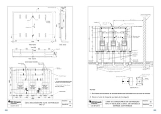 Lacre 
Puxadores 
Tubete 
Placa de Policarbonato 
Ventilação 
(veneziana) 
B 
A A 
1400 
B 
50 50 
2000 
Corte B-B 
mín. 1160 
80 
650 
Placa de Montagem 
Vista frontal Vista lateral 
Corte A-A 
250 
400 600 600 400 
Chapa #14 
125 
250 
125 
1850 
Vista Superior 
300 475 250 230 145 
1400 
Barras de cobre 
2 x 5/16 
Barras de cobre 
1 1/2 x 3/16 
MONTAGEM PADRÃO 
CHAVE SECC. 
NH 400 A 
COM FUSÍVEIS 
SOB CARGA 
CHAVE SECC. 
NH 400 A 
COM FUSÍVEIS 
SOB CARGA 
CHAVE SECC. 
NH 400 A 
COM FUSÍVEIS 
SOB CARGA 
400 600 600 400 
2000 
1 - As chaves de entrada devem estar 
alinhadas com os dutos de entrada. 
2 - Aterrar painel de chapa de aço 
(placa de montagem). 
35 
Placa de 
Policarbonato 
Placa de Montagem 
Bucha e arruela 
Desenho: 
Sequência: 
NOTAS: 
CAIXA SECCIONADORA OU DE DISTRIBUIÇÃO 
TIPO Z 
 1/4 
 
 
CHAVE SECC. Neutro 
Neutro 
NH-02 - 400 A 
SOB CARGA 
 
120 mm² 
FUS.315 A - NH 
 
 
 
 
 
 
 
 
 
 
 
 
 
 
 
CHAVE SECC. 
NH-02 - 400 A 
SOB CARGA 
FUS.315 A - NH 
CHAVE SECC. 
NH-02 - 400 A 
SOB CARGA 
FUS.315 A - NH 
    
      
 
 
 
 
 
 
 
 
 
1 - As chaves seccionadoras de entrada devem estar alinhadas com os dutos da entrada. 
2 - Aterrar o fundo de chapa de aço (placa de montagem). 
CAIXA SECCIONADORA OU DE DISTRIBUIÇÃO 
TIPO Z INSTALADA AO NÍVEL DA VIA PÚBLICA 
 
 
 
 
 
NOTAS: 
LIG BT 2014 2/4 
ENTRADA SUBTERRÂNEA 
35 
Desenho: 
Sequência: 
284 285 
 