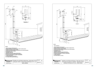 300 
F F N F F 
N 
T 
MAX. 100 A 
Detalhe 1 
4 
3 
1 
2 
5 
560 
Sequência: 6000 
39 
Desenho: 
Ver Detalhe 1 
8 
9 
7 
6 
10 
12 
11 
de 1.600 a 1.900 mm 
1350 
1- Ramal de ligação da AES Eletropaulo; 
2- Ramal de entrada do consumidor - mínimo 10mm² e máximo 35 mm²; 
3- Roldana para fixação do ramal de ligação; 
4- Poste de entrada para entradas de consumidoras com até 100A de demanda; 
5- Bengala para o ramal de entrada; 
6- Caixa padrão tipo II; 
7- Dispositivo de lacração; 
8- Eletroduto de PVC para condutor de Aterramento; 
9- Saída de condutores para distribuição do consumidor; 
10- Condutor de Aterramento, cor verde ou verde-amarelo; 
11- Haste de Aterramento; 
12- Caixa de inspeção do Aterramento; 
13- O condutor neutro deverá ser azul-claro. 
PADRÃO DE ENTRADA INDIVIDUAL COM CAIXA TIPO II 
MEDIÇÃO DIRETA MONOFÁSICA/BIFÁSICA ATÉ 100 A 
NOTAS: 
LIG BT 2014 1/1 
REDE AÉREA 
40 
Desenho: 
Sequência: 
350 
F F FN N FFF 
T 
N 
Ver Detalhe 1 
MAX. 100 A 
Detalhe 1 
1 3 
1350 
6000 
9 
6 
11 
10 
12 
7 
8 
5 
4 
2 
1600 a 1900 
1- Ramal de ligação da AES Eletropaulo; 
2- Ramal de entrada do consumidor - mínimo 10mm² e máximo 35 mm²; 
3- Roldana para fixação do ramal de ligação; 
4- Poste de entrada para entradas consumidoras com até 100A de demanda; 
5- Bengala para o ramal de entrada; 
6- Caixa padrão tipo E; 
7- Dispositivo de lacração; 
8- Eletroduto de PVC para condutor de Aterramento; 
9- Saída de condutores para distribuição do consumidor; 
10- Condutor de Aterramento, cor verde ou verde-amarelo; 
11- Haste de Aterramento; 
12- Caixa de Inspeção; 
13- Fio neutro deverá ser azul-claro; 
560 
PADRÃO DE ENTRADA INDIVIDUAL COM CAIXA TIPO E 
INSTALADA NO MURO OU PAREDE ­MEDIÇÃO 
DIRETA 
NOTAS: 
- Cotas em Milímetro. 
LIG BT 2014 BIFÁSICA/TRIFÁSICA ATÉ 100 A ­REDE 
AÉREA 
1/2 
300 301 
 