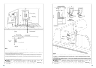 Medidor 
voltado 
p/ rua 
Caixa tipo E 
1 Eletroduto de aço galvanizado 
ou de PVC rígido rosqueável 
embutido na alvenaria 
300 a 500 
300 
Medidor voltado 
para rua 
20 cm 
VISTA 
900 
600 
1600 a 1900 em relação ao piso da calçada 
600 a 1200 em relação ao piso acabado interno do imóvel 
Divisa da propriedade 
com a via pública (calçada). 
MURO 
600 
Painel de chapa de aço 
(Placa de Montagem) 
Barra de cobre 
2 x 5/16 - neutro 
Vide Nota 3 
Eletroduto de 
aterramento 
Caixa para inspeção 
do aterramento 
Haste de aterramento 
Caixa tipo T 
CHAVE SECC. 
NH - 250/400 A 
SOB CARGA 
COM FUSÍVEIS 
Fundo de Chapa de Aço 
(Placa de Montagem) 
CX T 
300 
Placa universal metálica 
3 - O Eletroduto de entrada deve ser de 4 (102 mm) de aço galvanizado ou polietileno de alta densidade corrugado, instalado a uma profundidade de 30 a 50 cm em relação ao nível da 
calçada e avançando em 20 cm o alinhamento da edificação com a via pública. A instalação deste eletroduto deverá ser provida de bucha e arruela na chegada a caixa, de luvas 
rosqueáveis em todas as junções e possuir uma única curva com raio mínimo de 500 mm; 
4 - O tamanho da chave seccionadora de entrada, no interior da caixa tipo T, assim como os fusíveis da mesma devem ser dimensionados de acordo com o cabo de entrada a ser 
instalado pela AES Eletropaulo; 
41 
NÍVEL DO PISO ACABADO 
5 - O Eletroduto a ser instalado para a medição, entre a caixa tipo T e a caixa tipo E, deverá ser embutido no piso e parede, sendo permitida somente a utilização aparente de 
Eletroduto de aço desde que devidamente fixado e somente em paredes. 
Desenho: 
Sequência: 
CX E 
PLANTA 
1 - A caixa ''T'' deve ser instalada no limite de propriedade com a via pública, com recuo máximo de 1,00 m; 
2 - A caixa E deve ficar distante da caixa T no máximo 1,00 m; 
6 - Aterrar fundo de chapa de aço (placa de montagem). 
7 - Observar desenho 41, sequência 3/5 de forma complementar a este desenho. 
PADRÃO DE ENTRADA INDIVIDUAL COM CAIXA TIPO T+E 
COM LEITURA VOLTADA PARA CALÇADA - MEDIÇÃO DIRETA 
RUA 
NOTAS: 
LIG BT 2014 BIFÁSICA/TRIFÁSICA ATÉ 100 A - REDE SUBTERRÂNEA 
2/5 
 
 
Viseira 
CAIXA E 
DETALHE-01 
 
Viseira 
Ver Nota 2 
Ver Det. 01 
 
VISEIRA VISEIRA 
              
Deixar 30 cm no 
mínimo de Folga 
TRIFÁSICO BIFÁSICO 
DETALHE 1 
 
LATERAL E VISTA 
Curva com raio 
mínimo de 500 mm 
Ver Nota 1 
 
1 - A caixa seccionadora de entrada tipo T deve ser provida de painel chapa de aço (placa de montagem) devidamente fixada e aterrada. 
2 - A caixa tipo E deve ser provida de placa universal metálica para a fixação do medidor e o aterramento da mesma deve ser feito na 
origem do sistema. 
3 - Os cabos para o ramal alimentador da caixa tipo E devem ser do tipo extraflexíveis e possuírem terminal do tipo ilhós em suas pontas 
para a conexão ao medidor. 
41 
Desenho: 
Sequência: 
 
Caixa tipo E 
PADRÃO DE ENTRADA INDIVIDUAL COM CAIXA TIPO T+E 
COM LEITURA VOLTADA PARA CALÇADA - MEDIÇÃO DIRETA 
CALÇADA 
NOTAS: 
LIG BT 2014 BIFÁSICA/TRIFÁSICA ATÉ 100 A - REDE SUBTERRÂNEA 
3/5 
 
304 305 
 
