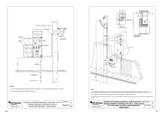  
 
 
 
 
 
 
 
CHAVE SECC. 
SEM FUSÍVEIS 
SOB CARGA 
 
 
 
 
 
 
 
 
 
 
 
 
 
 
 
 
 
 
 
 
 
 
 
 
 
 
 
 
42 
1 - A caixa de medição pode ser instalada recuada em no máximo 1,00 m do alinhamento do imóvel com a via pública. 
Desenho: 
Sequência: 
2 - Aterrar fundo de chapa de aço (placa de montagem). 
PADRÃO DE ENTRADA INDIVIDUAL COM CAIXA TIPO H 
MEDIÇÃO INDIRETA TRIFÁSICA ATÉ 300 A 
INSTALAÇÃO ABRIGADA - REDE AÉREA 
NOTAS: 
 3/9 
 
 
Viseira 
 
VISEIRA 
MED. 
# 8 x 2,5 mm² 
T 
T 
DETALHE 1 
Deixar 30 cm 
no mínimo de folga 
LATERAL E VISTA 
 
Porta Base 
 
CALÇADA 
CAIXA E 
Viseira 
Ver nota 2 
Ver Det. 01 
Ver Nota 2 
Ver Nota 1 
 
 
 
1 - A caixa de dispositivo de proteção individual (porta base) deve ser provida de painel chapa de aço (placa de montagem) devidamente fixada e aterrada. 
Esta caixa poderá ser instalada na lateral da caixa H ou na parte superior desta conforme sugestão neste desenho e observado também o desenho nº 21 do L.I.G.; 
3 - Os cabos para o ramal alimentador da caixa tipo E devem ser do tipo extraflexíveis e possuírem terminais do tipo ilhós em suas pontas para a conexão segura ao 
medidor. 
42 
Desenho: 
Sequência: 
Caixa tipo H 
Caixa tipo E 
2 - As caixas tipo E e H devem ser providas de placas universal metálica para fixação do medidor e equipamentos; 
PADRÃO DE ENTRADA INDIVIDUAL COM CAIXATIPO H + E 
MEDIÇÃO INDIRETA TRIFÁSICA ATÉ 300 A - COM LEITURA 
VOLTADA PARA CALÇADA COM SOBREPORTA 
NOTAS: 
LIG BT 2014 4/9 
REDE AÉREA 
310 311 
 
