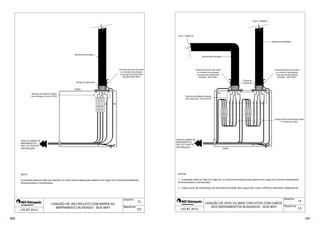 Barramento blindado 
Flange do fabricante 
CDPM 
Barreira de material isolante 
não inflamável, mínimo IP2X 
VEM DA CABINE DE 
BARRAMENTOS, 
QDC OU CAIXA DE 
DISTRIBUIÇÃO 
N PE 
Conexão da barra de cobre 
ou condutor de proteção 
à carcaça do barramento 
blindado BUS-WAY 
A proteção pode ser feita com disjuntor ou chave seccionadora para abertura em carga com fusíveis devidamente 
dimensionados e coordenados. 
73 
Desenho: 
Sequência: 
LIGAÇÃO DE UM CIRCUITO COM BARRA AO 
BARRAMENTO BLINDADO - BUS-WAY 
NOTA 
LIG BT 2014 2/2 
VAI P/ TORRE B 
Barreira de Material isolante 
não inflamavel, mínimo IP2X 
VEM DA CABINE DE 
BARRAMENTOS, 
QDC OU CAIXA DE 
DISTRIBUIÇÃO 
VAI P/ TORRE A 
PE 
N 
Barramento Blindado 
Conexão da Barra de Cobre 
ou condutor de proteção 
à carcaça do barramento 
PE 
CDPM 
Barramento Blindado 
Conexão da Barra de Cobre 
ou condutor de proteção 
à carcaça do barramento 
blindado - BUS-WAY 
Comprimento máximo dos cabos 
1,5 metros por fase 
blindado - BUS-WAY 
Flange do 
Fabricante 
1 - A proteção pode ser feita com disjuntor ou chave seccionadora para abertura em carga com fusíveis devidamente 
dimensionados e coordenados; 
2 - Cada circuito de alimentação do barramento blindado deve seguir até a caixa CDPM em eletroduto independente. 
74 
Desenho: 
Sequência: 
LIGAÇÃO DE DOIS OU MAIS CIRCUITOS COM CABOS 
AOS BARRAMENTOS BLINDADOS - BUS-WAY 
NOTAS 
LIG BT 2014 1/2 
396 397 
 