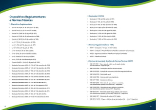 Dispositivos Regulamentares 
e Normas Técnicas 
1. Dispositivos Regulamentares 
• Decreto nº 41.019, de 26 de fevereiro de 1957; 
• Decreto nº 62.724, de 17 de maio de 1968; 
• Decreto nº 75.887, de 20 de junho de 1975; 
• Decreto nº 97.280, de 16 de dezembro de 1988; 
• Decreto nº 98.335, de 26 de outubro de 1989; 
• Lei nº 5.194, de 24 de dezembro de 1966; 
• Lei nº 6.496, de 07 de dezembro de 1977; 
• Lei n° 9.074, de 07 de julho de 1995; 
• Lei nº 10.438, de 26 de abril de 2002; 
• Lei nº 10.762, de 12 de novembro de 2003; 
• Lei nº 10.848, de 15 de março de 2004; 
• Lei nº 12.378, de 31 de dezembro de 2010; 
• Portaria DNAE nº 04, de 10 de janeiro de 1989; 
• Resolução Normativa ANEL nº 235, de 14 de novembro de 2006; 
• Resolução Normativa ANEL nº 345, de 31 de dezembro de 2008; 
• Resolução Normativa ANEL nº 390, de 15 de dezembro de 2009; 
• Resolução Normativa ANEL nº 395, de 15 de dezembro de 2009; 
• Resolução Normativa ANEL nº 414, de 09 de setembro de 2010; 
• Resolução Normativa ANEL nº 424, de 17 de dezembro de 2010; 
• Resolução Normativa ANEL n° 432, de 05 de abril de 2011; 
• Resolução Normativa ANEL nº 444, de 30 de agosto de 2011; 
• Resolução Normativa ANEL nº 465, de 22 de novembro de 2011; 
• Resolução Normativa ANEL nº 469, de 13 de dezembro de 2011; 
• Resolução Normativa ANEL nº 482, de 17 de abril de 2012; 
• Resolução Normativa ANEL nº 517, de 11 de dezembro de 2012. 
2. Resoluções CONFEA 
• Resolução nº 218, de 29 de junho de 1973; 
• Resolução nº 345, de 27 de julho de 1990; 
• Resolução nº 425, de 18 de dezembro de 1998; 
• Resolução nº 1.007, de 5 de dezembro de 2003; 
• Resolução nº 1.010, de 22 de agosto de 2005; 
• Resolução nº 1.016, de 25 de agosto de 2006; 
• Resolução nº 1.023, de 30 de maio de 2008; 
• Resolução nº 1.025, de 30 de outubro de 2009. 
3. Normas Regulamentadoras – NR’s 
• NR 10 – Instalações e Serviços em Eletricidade; 
• NR 18 – Condições e Meio Ambiente de Trabalho na Indústria da Construção; 
• NR 33 – Segurança e Saúde no Trabalho em Espaços Confinados; 
• NR 35 – Trabalho em Altura. 
4. Normas da Associação Brasileira de Normas Técnicas (ABNT) 
• NBR 5111:1997 – Fios e cabos de cobre nus, de seção circular, 
para fins elétricos – Especificação; 
• NBR 5410:2004 – Instalações elétricas de baixa tensão; 
• NBR 5419:2005 – Proteção de estruturas contra descargas atmosféricas; 
• NBR 5456:2010 – Eletricidade geral; 
• NBR 5460:1992 – Sistemas elétricos de potência; 
• NBR 5471:1986 – Condutores elétricos; 
• NBR 5597:2006 – Eletroduto de aço carbono e acessórios, 
com revestimento protetor com rosca NPT – Requisitos; 
• NBR 5598:2009 – Eletroduto de aço carbono e acessórios, 
com revestimento protetor e rosca BSP – Requisitos; 
• NBR 5624:2011 – Eletroduto rígido de aço carbono, com costura, 
com revestimento protetor e rosca ABNT NBR-8133 – Requisitos; 
• NBR 5680:1977 – Dimensões de tubos de PVC rígido; 
• NBR 5915-1:2013 – Chapas e bobinas de aço laminadas a frio – Parte 1: Requisitos; 
8 9 
 