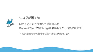 4. ログが困った
ログをどこにどう置くべきか悩んだ 
DockerはCloudWatchLogsに対応したが、ECSではまだ
→ ﬂuentdコンテナを立ててそこからCloudWatchLogsへ
 