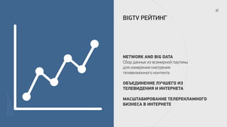 NETWORK AND BIG DATA
Сбор данных из всемирной паутины
для измерения смотрения
телевизионного контента
ОБЪЕДИНЕНИЕ ЛУЧШЕГО ИЗ
ТЕЛЕВИДЕНИЯ И ИНТЕРНЕТА
МАСШТАБИРОВАНИЕ ТЕЛЕРЕКЛАМНОГО
БИЗНЕСА В ИНТЕРНЕТЕ
BIGTV РЕЙТИНГ
 