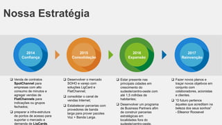 Nossa Estratégia

2014
Marketing
Confiança

 Venda de contratos
SpotChannel para
empresas com alto
consumo de minutos e
agregar vendas de
FlatChannels para
indicações ou grupos
fechados;

 preparar a infra-estrutura
de pontos de acesso para
suportar o mercado e
demanda de LigCards.

2015
Training
Consolidação

 Desenvolver o mercado
SOHO e varejo com
soluções LigCard e
FlatChannel;
 consolidar o canal de
vendas Internet;
 Estabelecer parcerias com
provedores de banda
larga para prover pacotes
Voz + Banda Larga.

2016
Assesment
Expansão

 Estar presente nas
principais cidades em
crescimento do
sudeste/centro-oeste com
até 1,5 milhões de
habitantes;
 Desenvolver um programa
de Business Partners afim
de construir parcerias
estratégicas em
localidades fora do
sudeste/centro-oeste.

2017
Technology
Reinvenção

 Fazer novos planos e
traçar novos objetivos em
conjunto com
colaboradores, acionistas
e clientes.
 “O futuro pertence
àqueles que acreditam na
beleza dos seus sonhos”
- Elleanor Roosevel

 