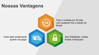 Nossas Vantagens
Fale a vontade por 30 dias
com qualquer fixo e celular do
Brasil

Você sabe exatamente
quanto vai pagar

Sem fidelidade, multas,
limites e franquias

 