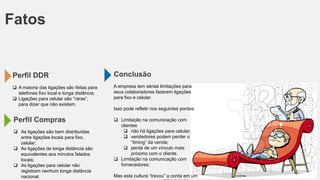 Perfil DDR
Fatos
 A maioria das ligações são feitas para
telefones fixo local e longa distância;
 Ligações para celular são “raras”,
para dizer que não existem.
Perfil Compras
 As ligações são bem distribuídas
entre ligações locais para fixo,
celular;
 As ligações de longa distância são
equivalentes aos minutos falados
locais;
 As ligações para celular não
registram nenhum longa distância
nacional.
Conclusão
A empresa tem sérias limitações para
seus colaboradores fazerem ligações
para fixo e celular.
Isso pode refletir nos seguintes pontos:
 Limitação na comunicação com
clientes
 não há ligações para celular;
 vendedores podem perder o
“timing” da venda;
 perda de um vínculo mais
próximo com o cliente.
 Limitação na comunicação com
fornecedores;
Mas esta cultura “travou” a conta em um
 
