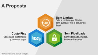 A Proposta
Fale a vontade por 30 dias
com qualquer fixo e celular do
Brasil
Você sabe exatamente
quanto vai pagar
Sem fidelidade, multas,
limites e franquias*
* Oferta sem desconto. Consulte condições.
Sem Limites
Custo Fixo Sem Fidelidade
 