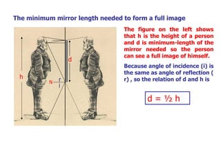 The minimum mirror length needed to form a full image The figure on the left shows that h is the height of a person and d is minimum-length of the mirror needed so the person can see a full image of himself.  Because angle of   incidence (i) is the same as angle of   reflection ( r) , so the relation of d and h is d = ½ h N d h i r 