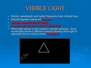 VISIBLE LIGHT Shorter wavelength and higher frequency than infrared rays. Electromagnetic waves we  can see. Longest wavelength= red light Shortest wavelength= violet (purple) light When light enters a new medium it bends (refracts).  Each wavelength bends a different amount allowing white light to separate into it’s various colors  ROYGBIV. 