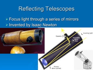 Reflecting Telescopes Focus light through a series of mirrors Invented by Isaac Newton 